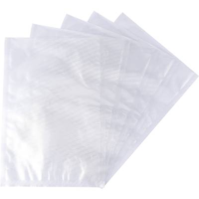 Five transparent vacuum sealer bags, slightly overlapping, on a white background. Suitable for food preservation.