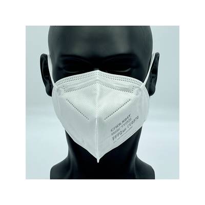 A white FFP2 mask on a black mannequin head, with a side print reading 'FFP2 NR CE 0370'.