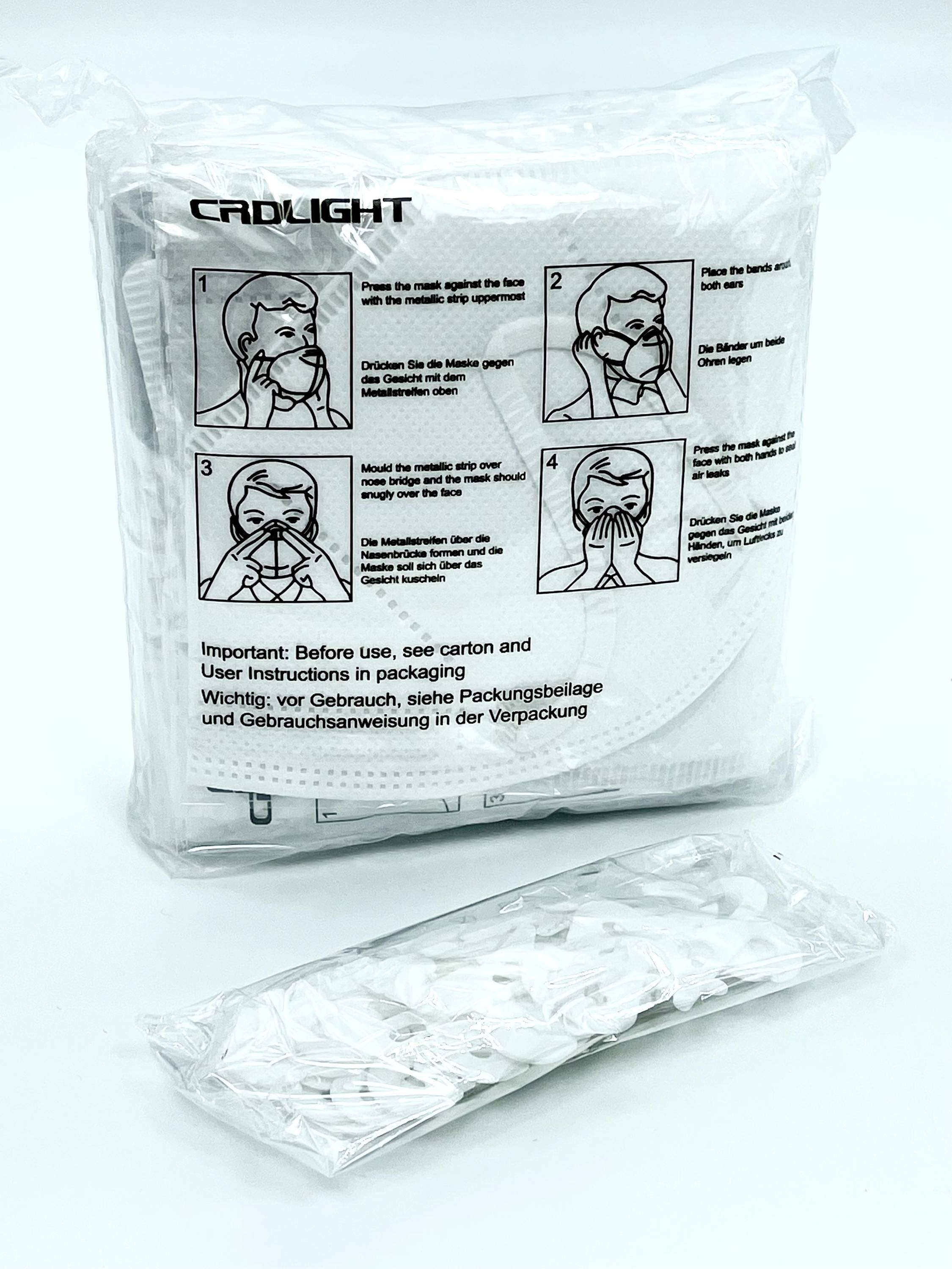 Pack of white respiratory protection masks with instructions for use in four steps. Important safety guidelines in English and German.