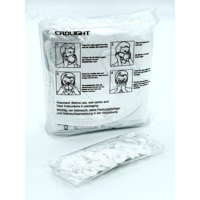 Pack of white respiratory protection masks with instructions for use in four steps. Important safety guidelines in English and German.