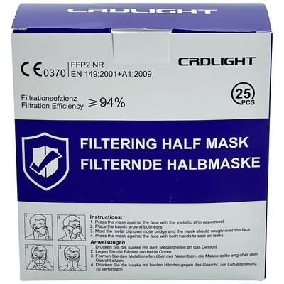 'Filtering Half Mask FFP2 NR' Pack of 25, shows instructions for wearing the mask and indicates a filtration rate of over 94%.