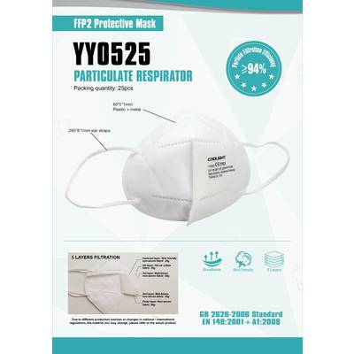 FFP2 Respiratory Protection Mask YY0525, 5-Layer Filtration, 99% Filtration Efficiency, Pack of 25, Compliant with GB 2626-2006 Standard.