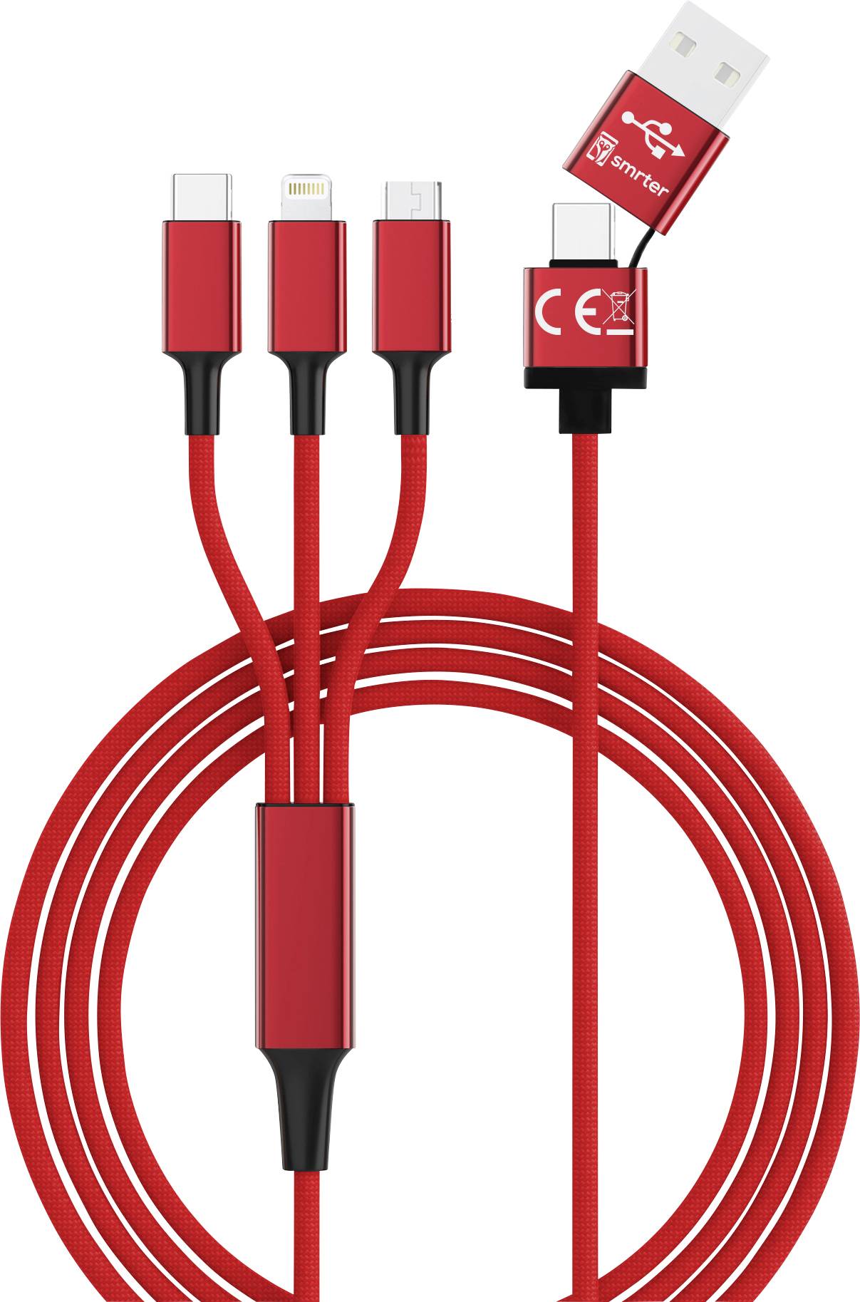 Smrter USB charging cable USB 2.0 USB-A plug, USB-C® plug, Apple Lightning plug, USB Micro-B plug 1.20 m Red SMRTER_HYDRA_ULT_RD