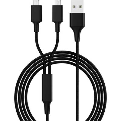 'Black USB cable with two connections. One plug has a USB-A connection, the other two are Micro-USB plugs.'