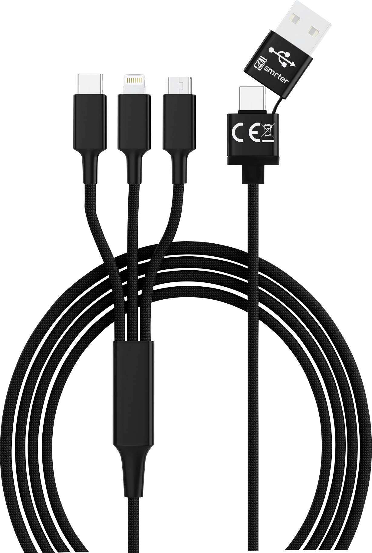 Smrter USB charging USB 2.0 USB-A plug, USB-C® plug, Apple Lightning plug, USB Micro-B plug 1.20 m Black SMRTER_H Conrad.com