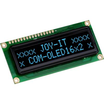 'JOY-IT COM-OLED16x2' display on a green circuit board with illuminated blue text.