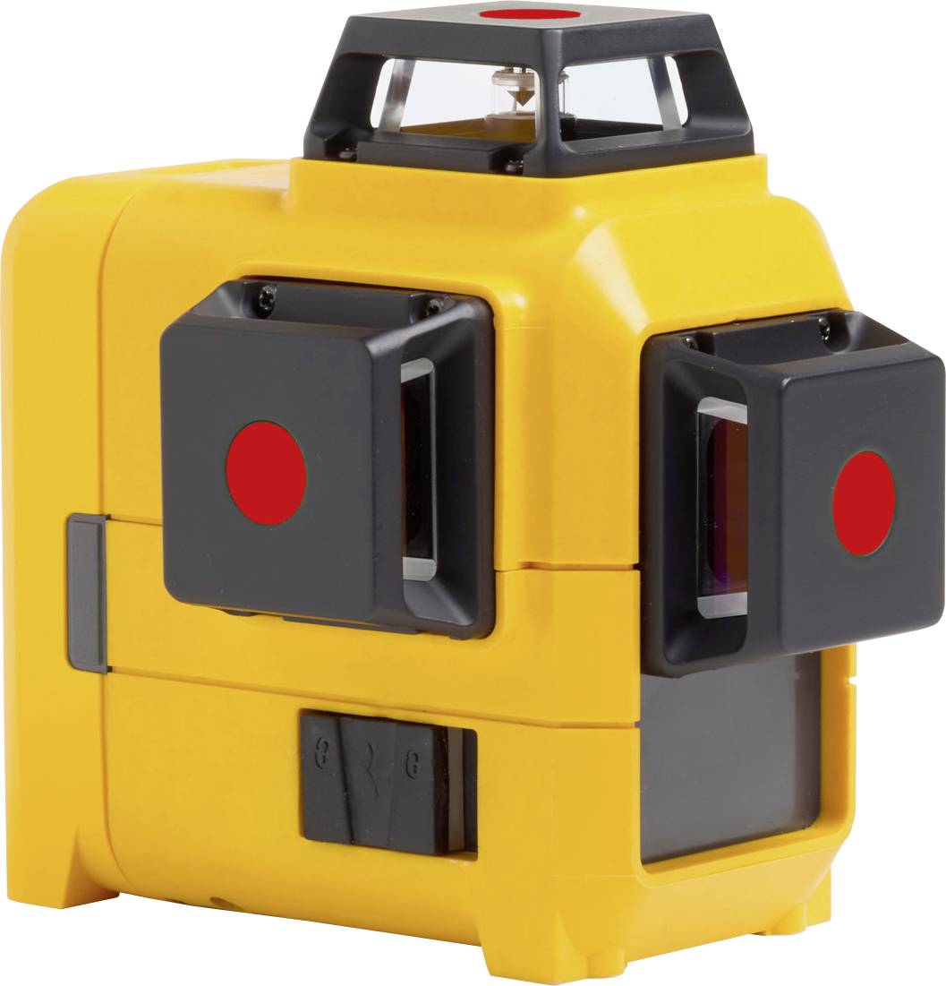 Yellow cross-line laser with a red dot on the front, used in construction and surveying work for precise alignment tasks.