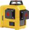 Yellow cross-line laser with a red dot on the front, used in construction and surveying work for precise alignment tasks.
