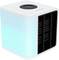 'A small, cube-shaped air cooler with a black front panel and bright blue side lighting.'