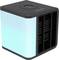 Compact air cooler in cube form with a blue illuminated housing and black air inlet at the front.