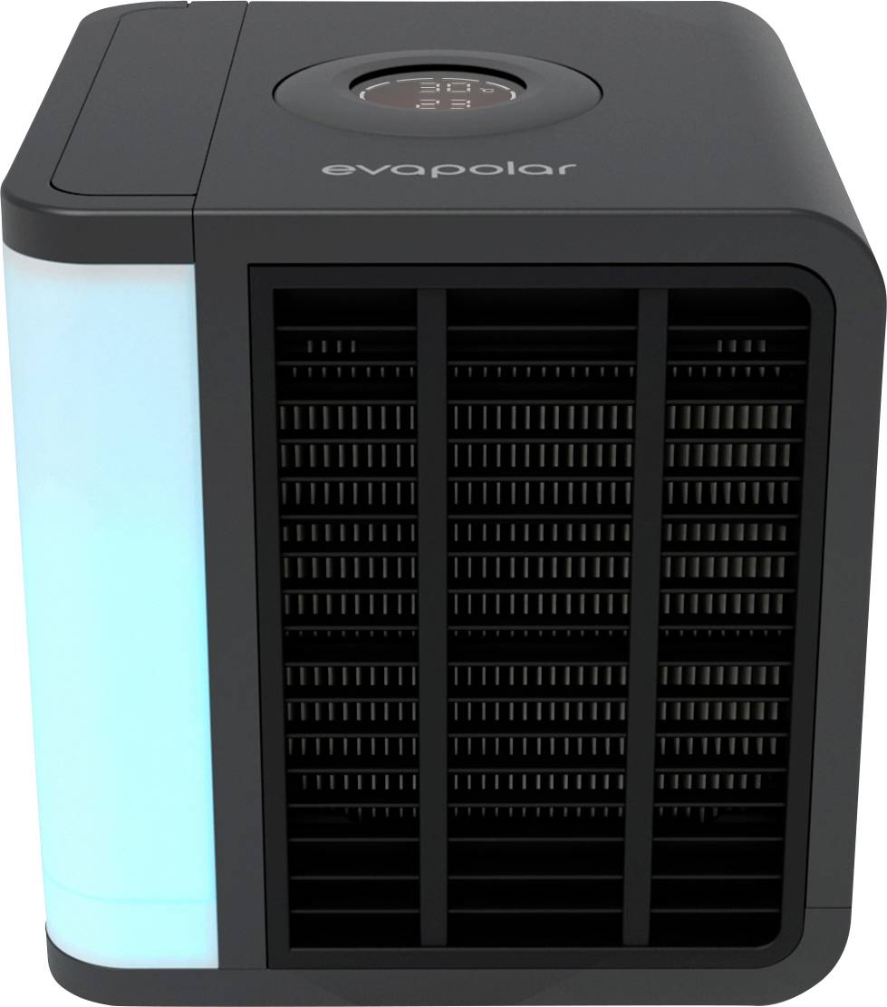 A black, cube-shaped air cooler with an illuminated blue stripe on the left and a grille in the centre of the front panel.