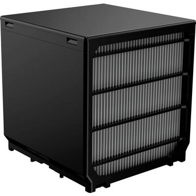 A black cube with visible cooling fins on one side, potentially a technical device such as a cooling or heating system.