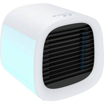 Small, white cube-shaped air cooler with a black ventilation grille and blue side panels, suitable for personal cooling.