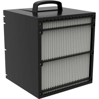 A black air filter with vertical slats, rectangular, with a handle on top, suitable for air purification, on a white background.