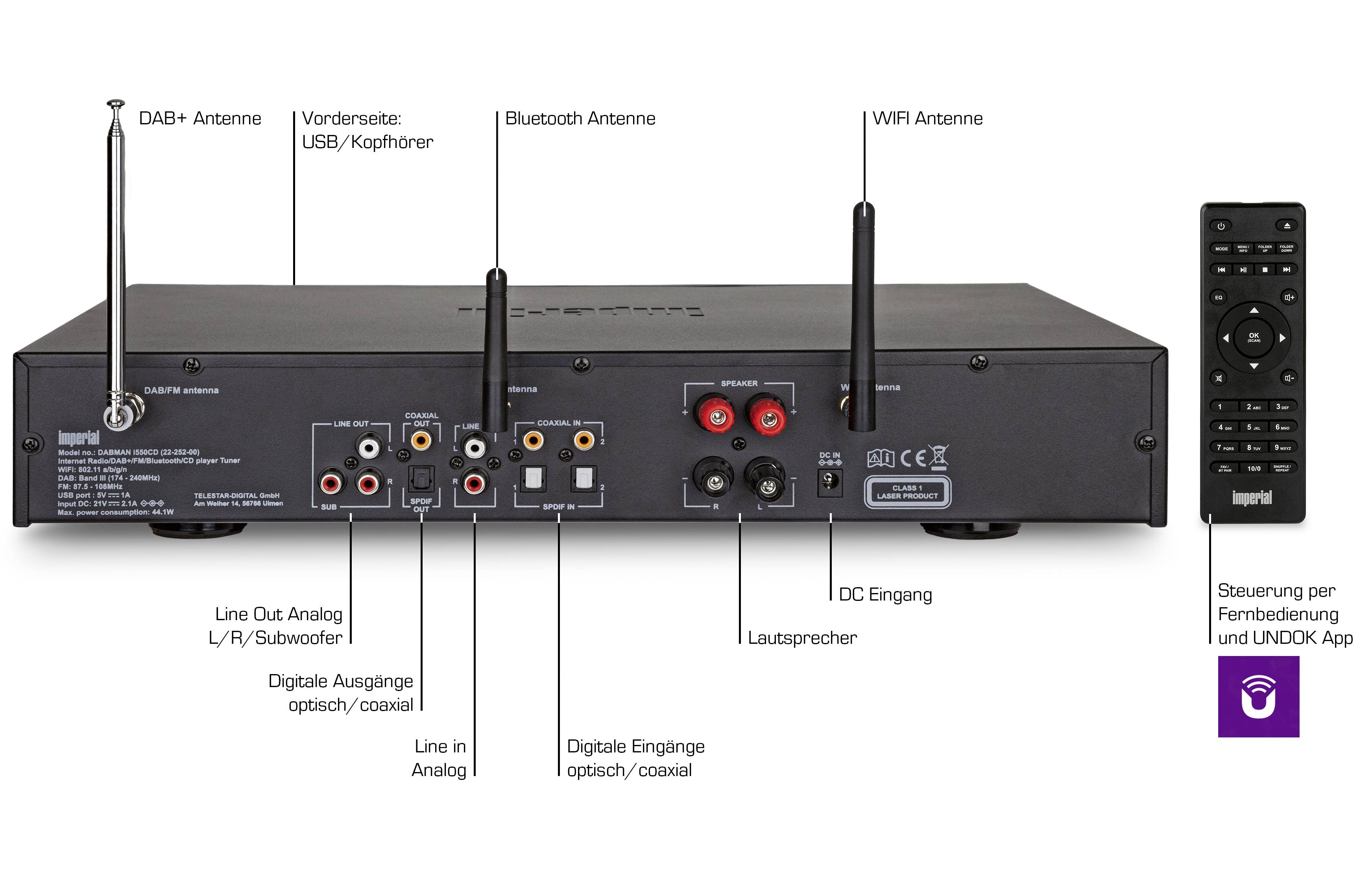 Imperial DABMAN i550CD Network stereo receiver 2x42 W Black Bluetooth®, DAB+, Internet radio , USB, Wi-Fi-8