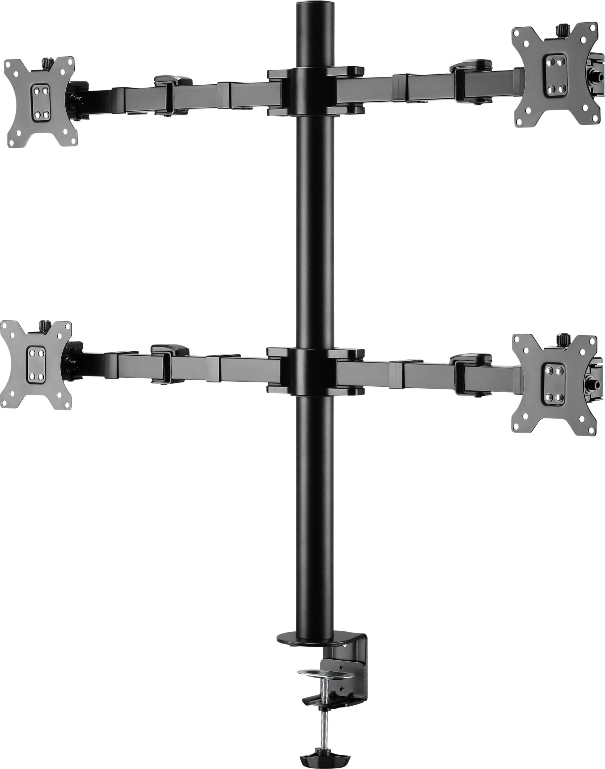 A black, height-adjustable monitor stand with two horizontal arms on two levels, suitable for four screens.