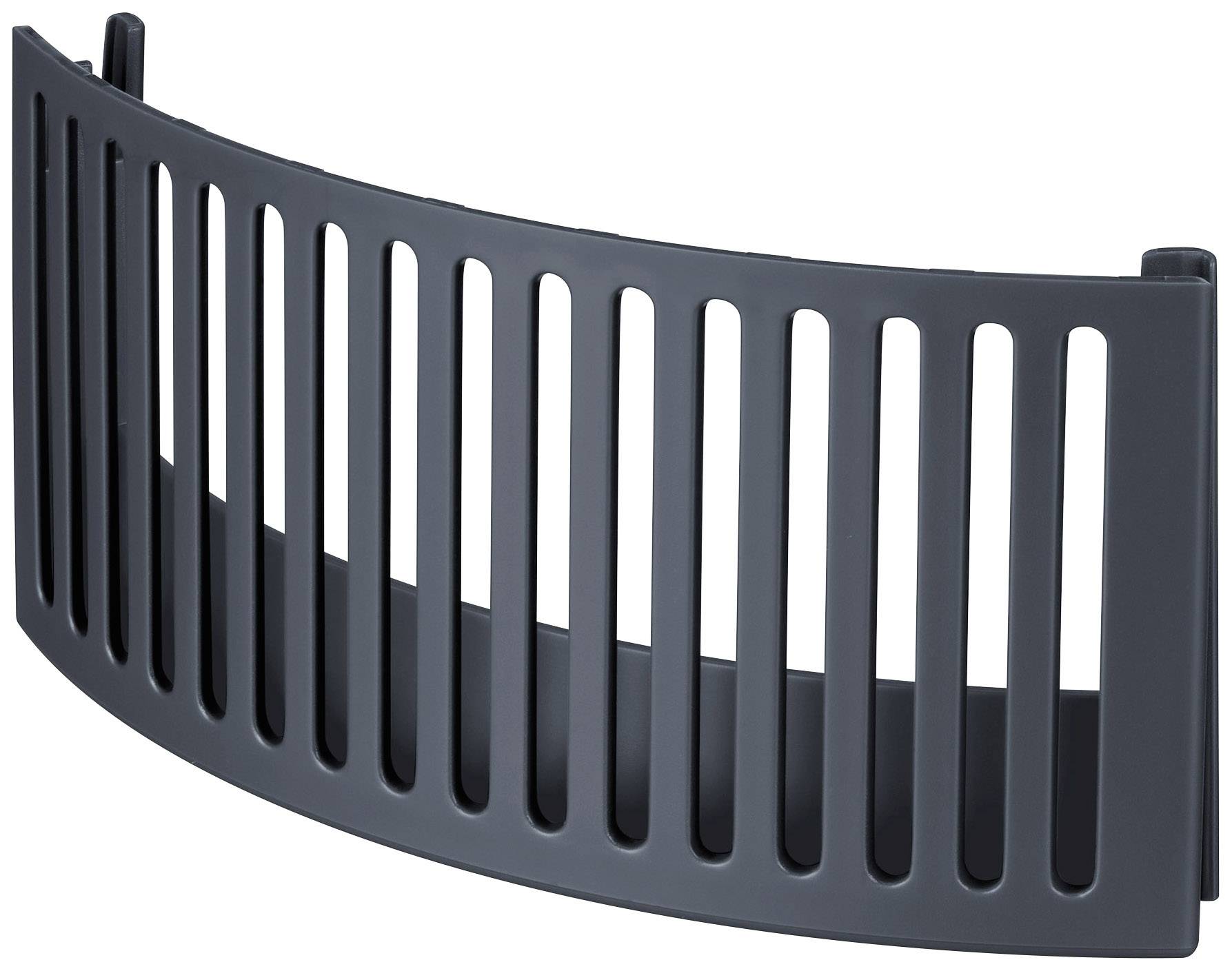 Black, semi-circular plastic component with vertical slots. Likely serves as a protective or cover element.