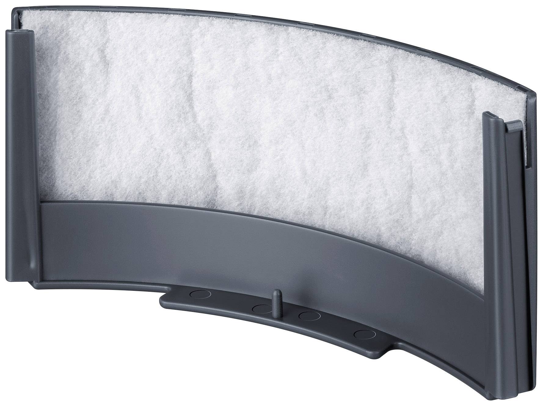A grey, curved filter insert with white filter material. Suitable for household appliances for dust or particle filtration.
