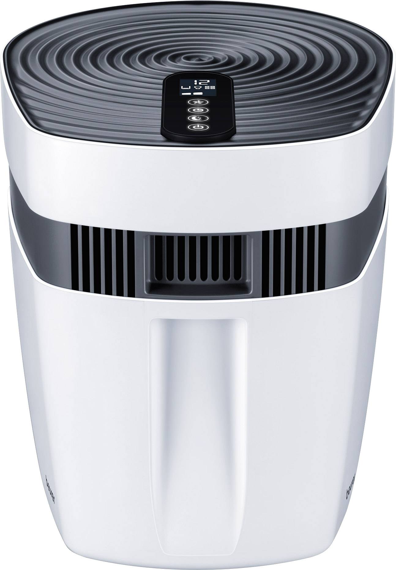 Dehumidifier with digital display, showing settings for operating modes. Modern design, predominantly white in colour.