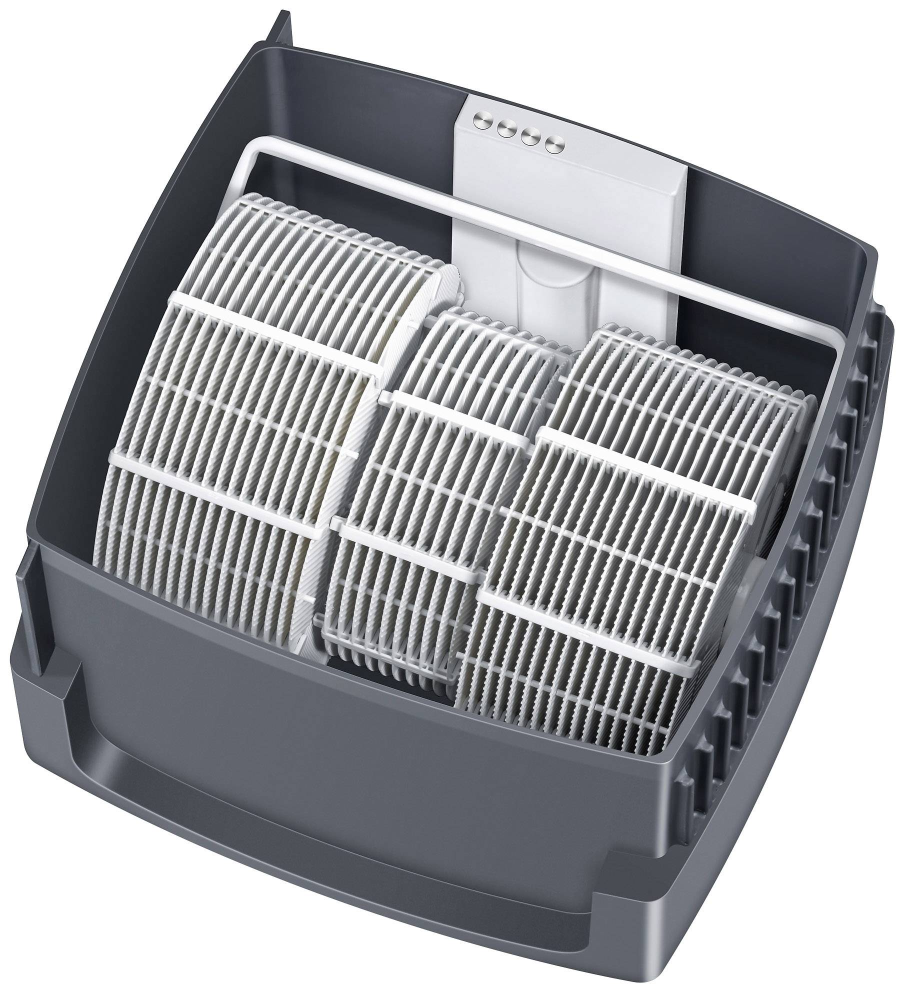 A black air purifier with white plastic discs in a rectangular housing. Upper compartment with control elements.