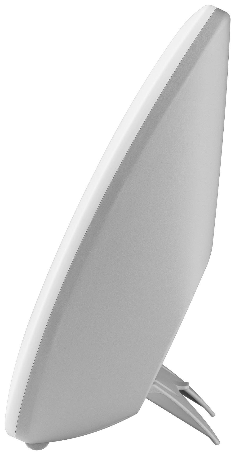 A white, simple, rectangular object with rounded edges, slightly angled backwards on a stand.