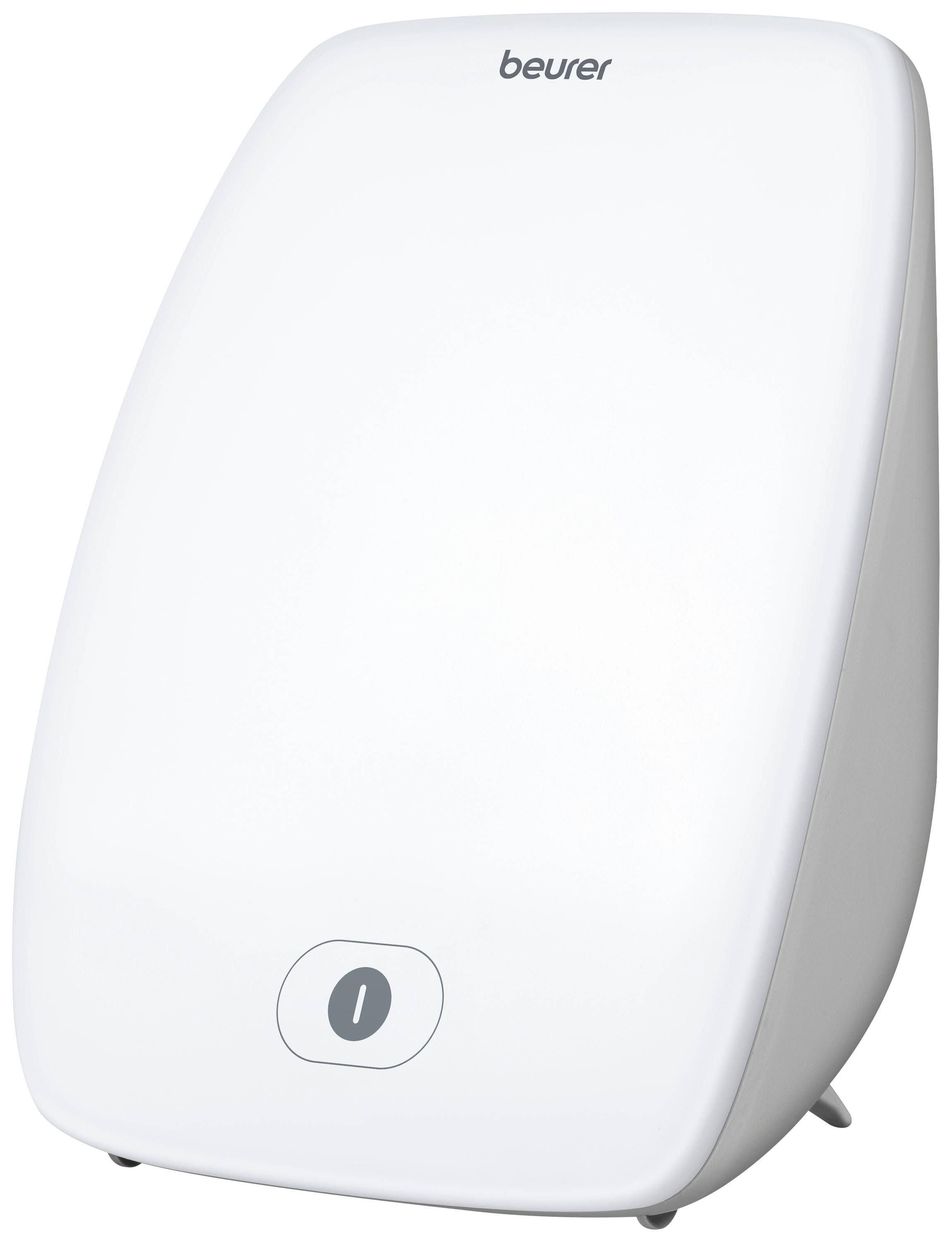 White daylight lamp with a large oval diffuser and a central switch at the bottom. Beurer model.