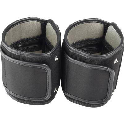 Two black, padded fabric and faux leather wristbands with hook and loop fastening, likely used for fitness or support purposes.