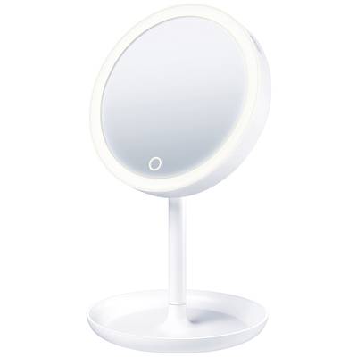 Round cosmetic mirror with integrated lighting on a stand, suitable for makeup application or detailed facial care.<br><br>Circular illuminated vanity mirror with a base, ideal for applying make-up or performing precise skincare routines.