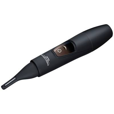A black electric razor with a sleek design and a button in the centre. Suitable for precise shaving and personal grooming.