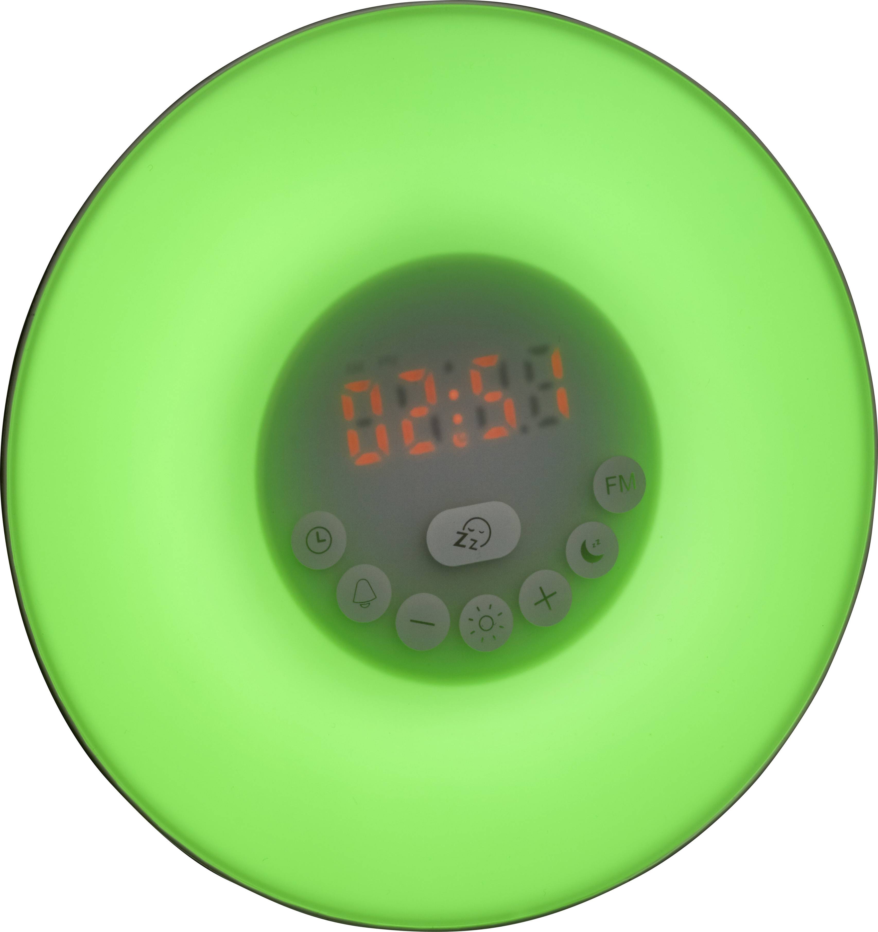 A round digital alarm clock with glowing green light. The display shows the time '02:15'. Several buttons are located beneath the display.