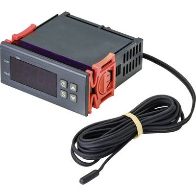 Temperature controller with digital display, two buttons and an attached sensor cable.