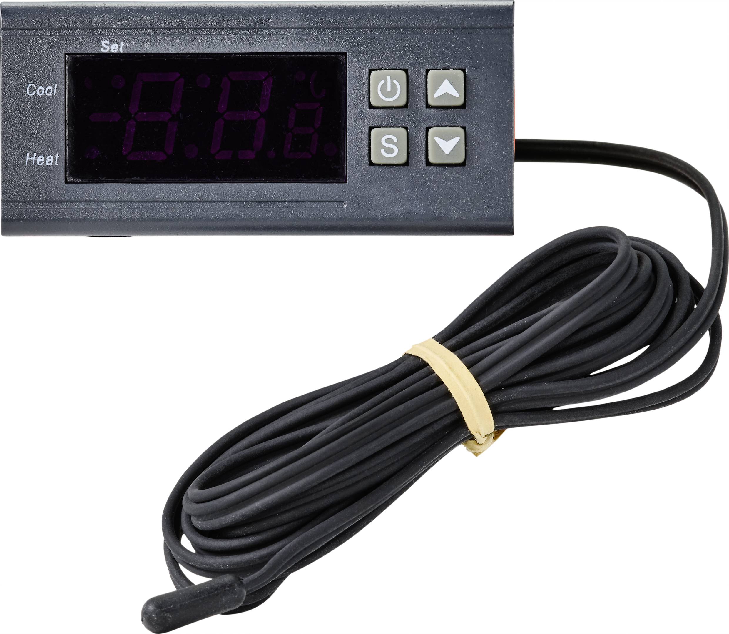 Digital temperature controller with display, four buttons for control and long cable sensor. Suitable for cooling and heating systems.