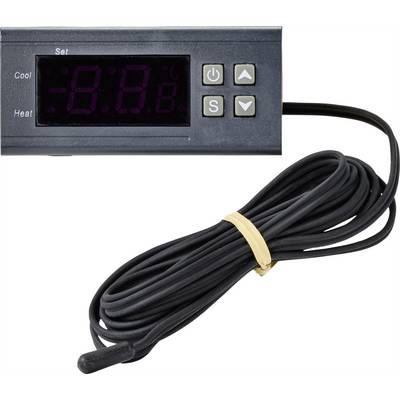 Digital temperature controller with display, four buttons for control and long cable sensor. Suitable for cooling and heating systems.