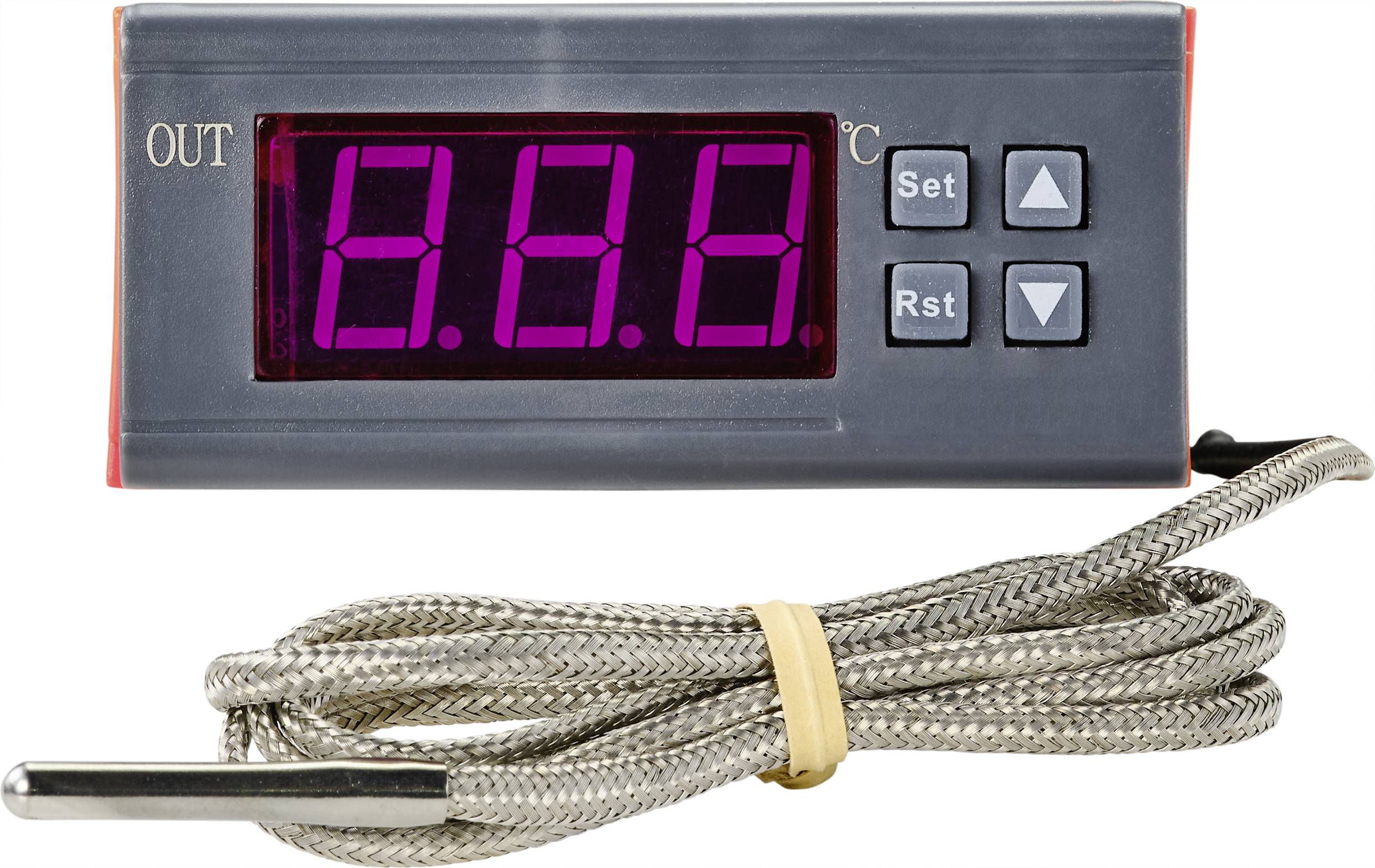 Temperature controller with digital display '8.8.8'. Contains 'Set' and 'Rst' buttons. Connected with a braided cable and metal sensor.
