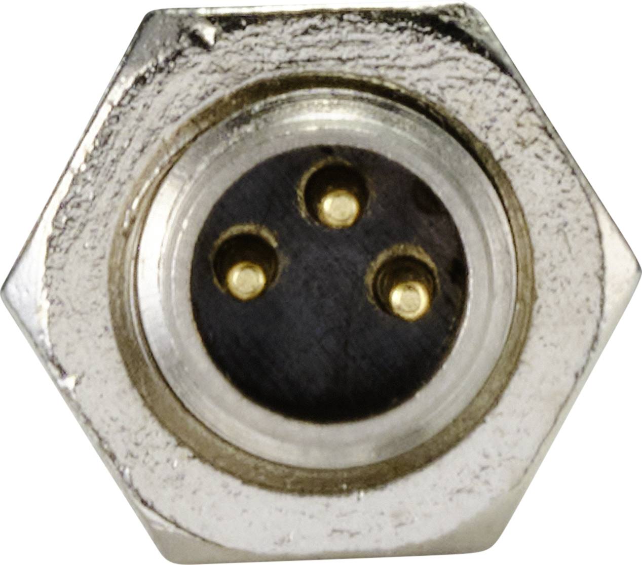 A hexagonal three-pole connector with a silver housing and three gold-coloured contacts in the centre.