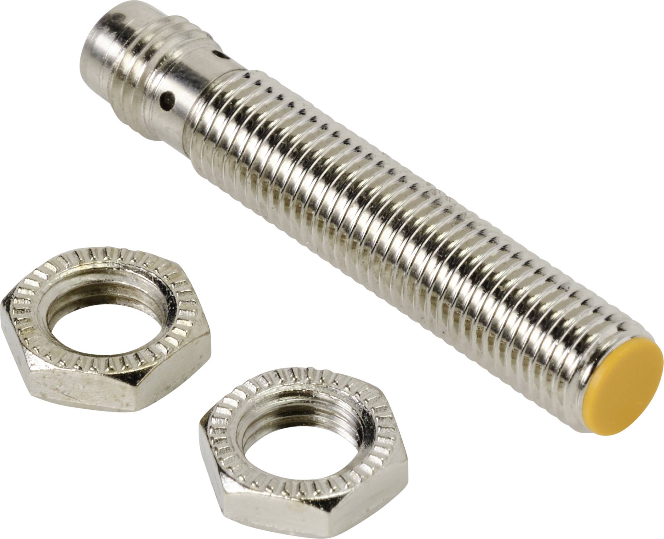 A cylindrical stainless steel sensor with two hexagonal nuts beside it. The sensor has a yellow end, possibly an inductive sensor.