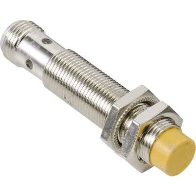 Cylindrical, metallic proximity sensor with yellow cap and thread for mounting.