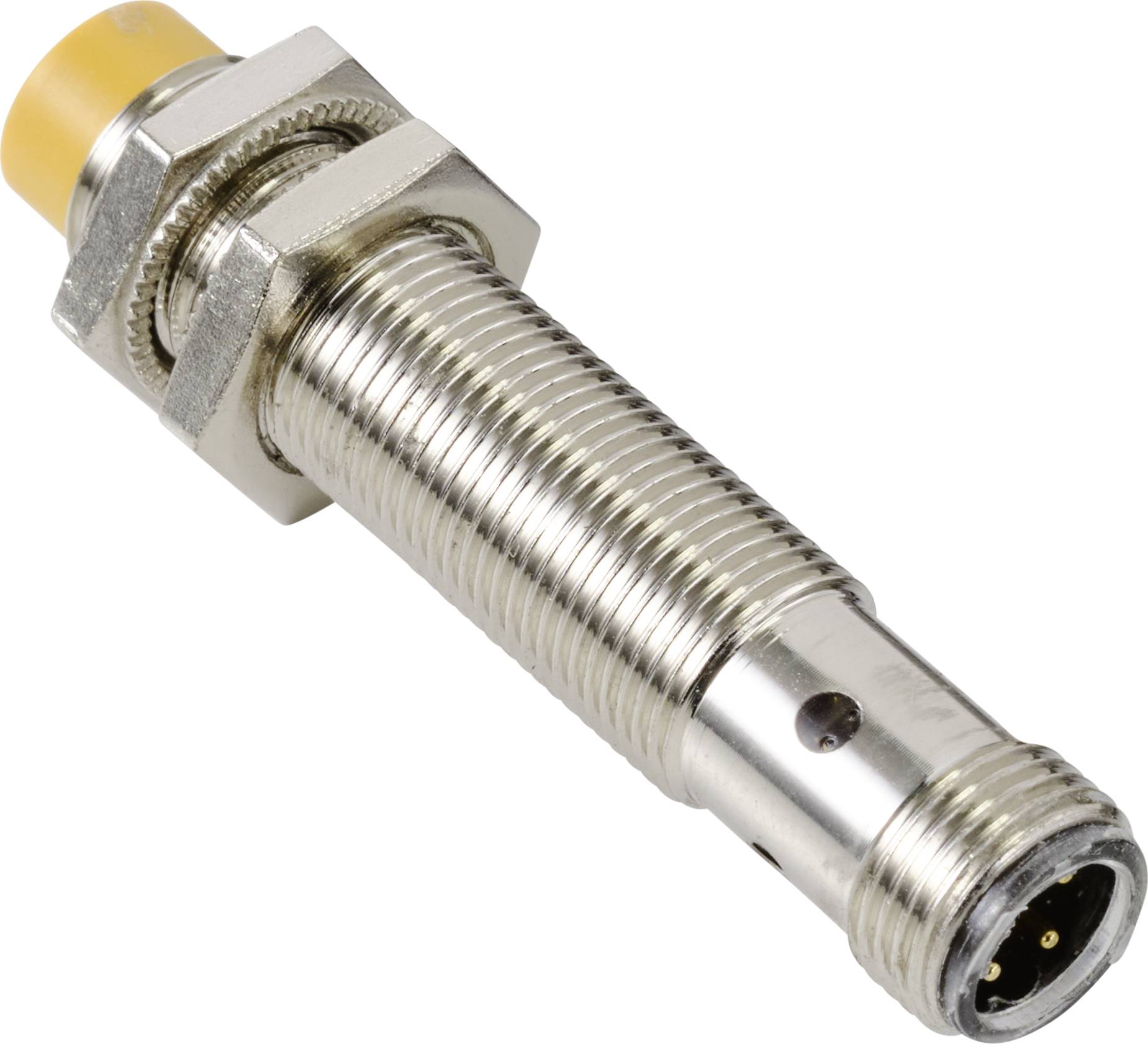 A cylindrical, metallic sensor with a yellow tip and a 4-pole connector at one end.
