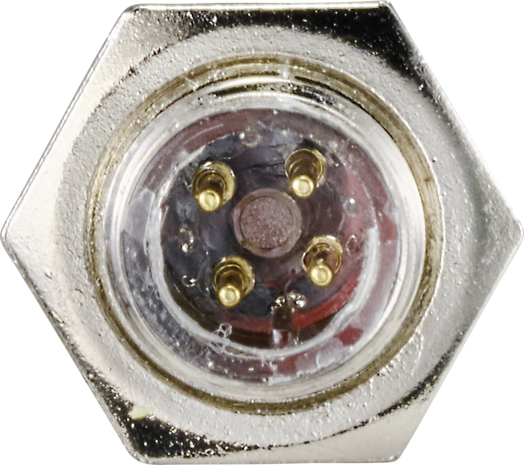 A hexagonal metal plug with four golden pins in the centre. The plug is intended for electronic connections.