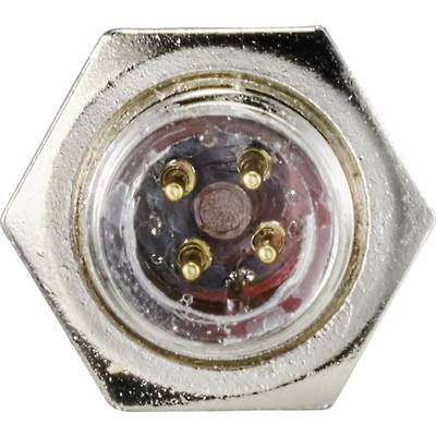 A hexagonal metal plug with four golden pins in the centre. The plug is intended for electronic connections.