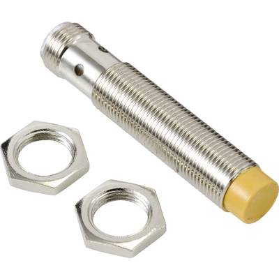 A cylindrical metal cylinder with a ribbed surface and an orange tip, alongside two hexagonal nuts.