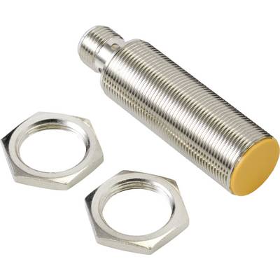 A cylindrical, metallic proximity sensor with a yellow tip, alongside two metal nuts for mounting.
