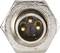 Three-pin electrical plug with hexagonal metal casing, centrally positioned.