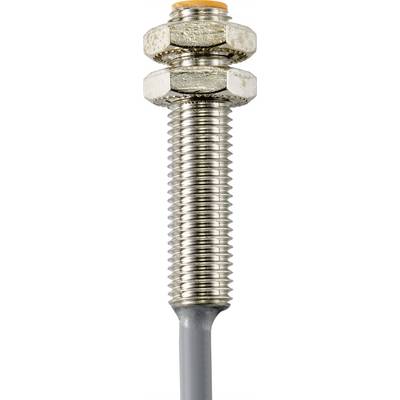 Metal sensor with two threaded nuts, cylindrical shape, thread, and grey connection cable at the bottom.