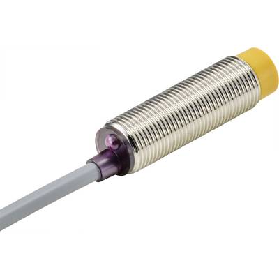 Cylindrical induction sensor with ribbed metal housing and yellow cover. Cable connected on one side.