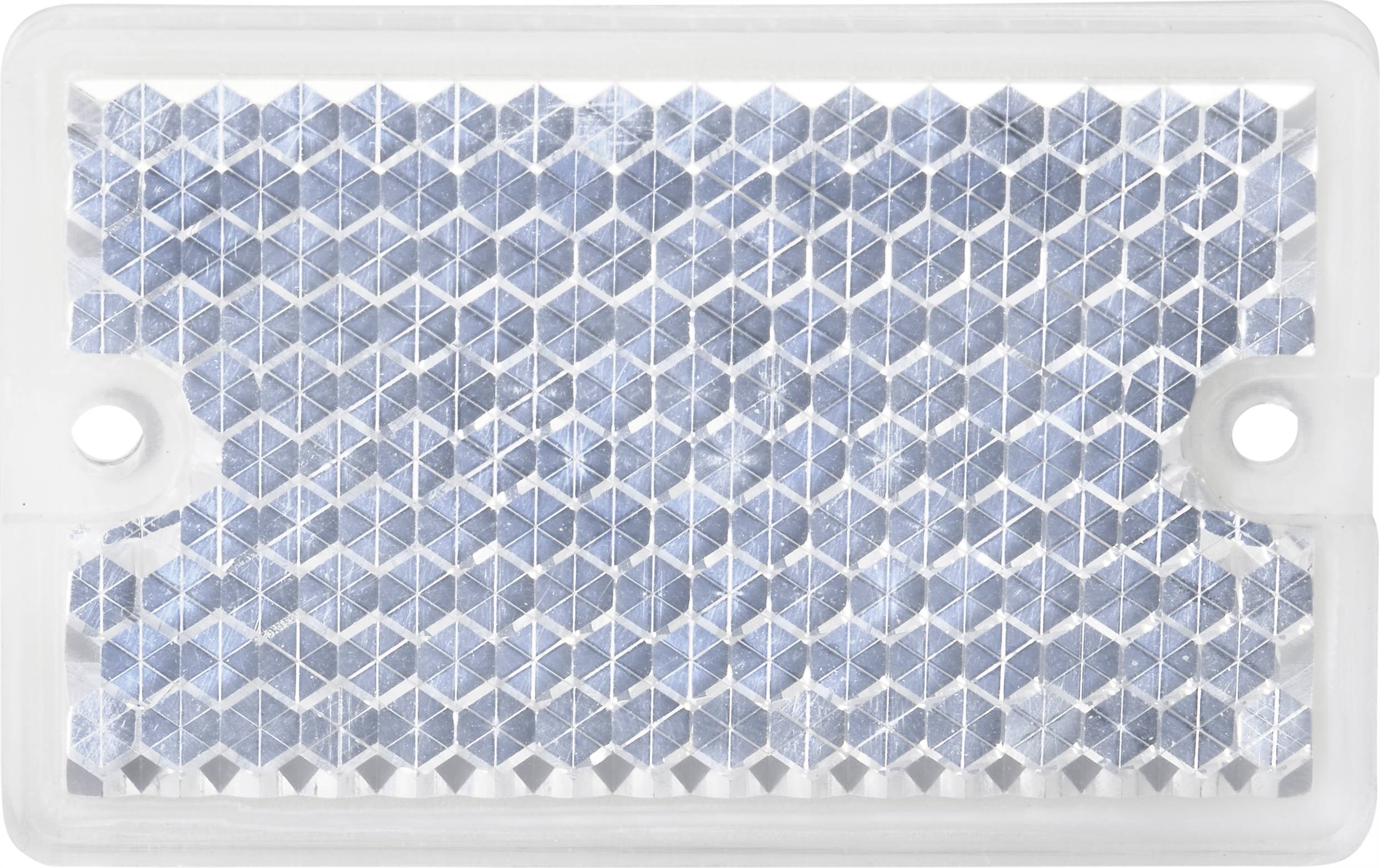A rectangular reflector in white tones with hexagonal patterns reflecting light, mounted on a transparent plastic border.