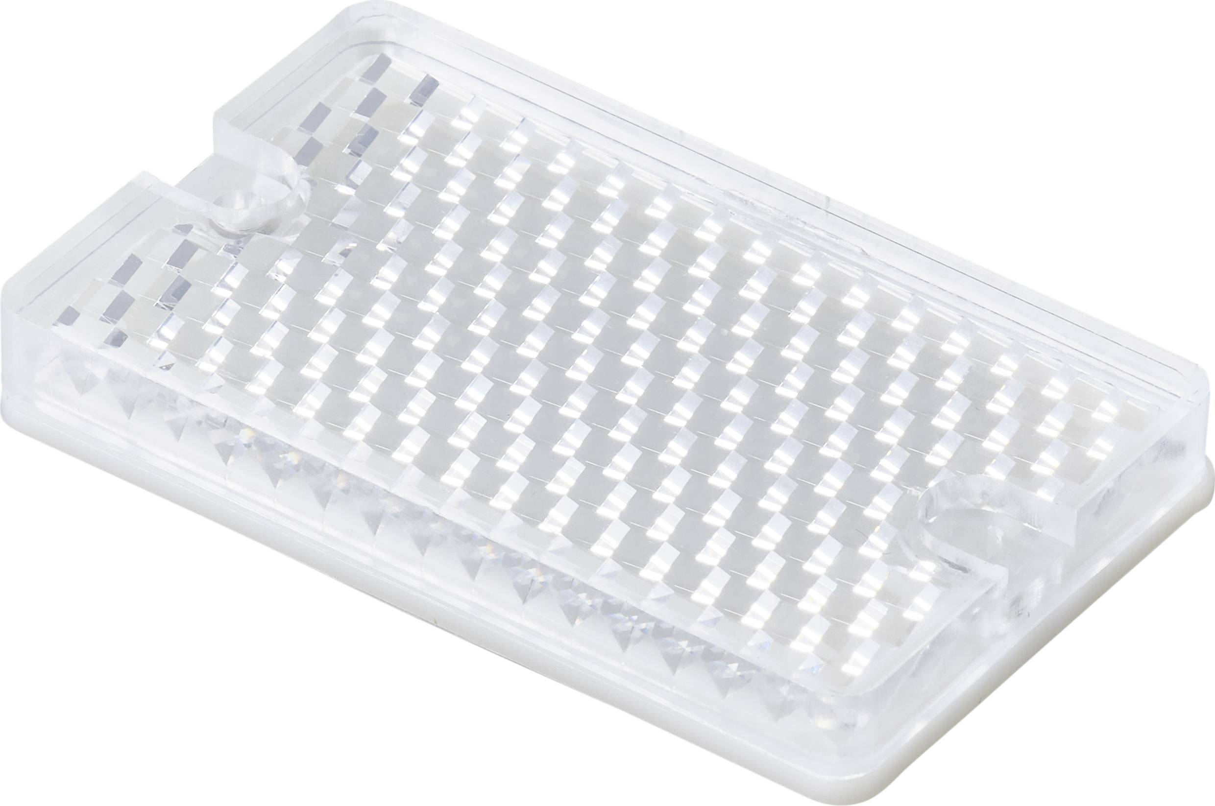 Transparent microtitre plate with 96 wells, a typical laboratory device for sample or chemical reaction analysis.