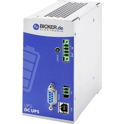 Blue and silver uninterruptible power supply (DC UPS) from Bicker.de with connections and status indicator.