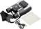 A pair of binoculars with an integrated USB port and camera. Next to the binoculars is a USB cable and a cleaning cloth.