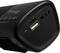 Black portable speaker with connection options: DC5V, TF card slot, AUX and USB. Brand logo in top left corner.